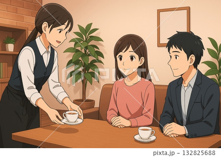 カフェでカップルにコーヒーを出すスタッフ 132825688