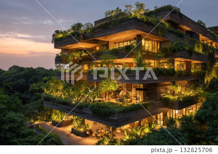 Drone view of green architectural complex with rooftop gardens, solar energy, and lush forest surroundings 132825706