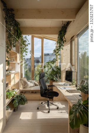 Modern smart home blending indoor plants, eco-friendly materials, and energy-efficient technology seamlessly 132825707