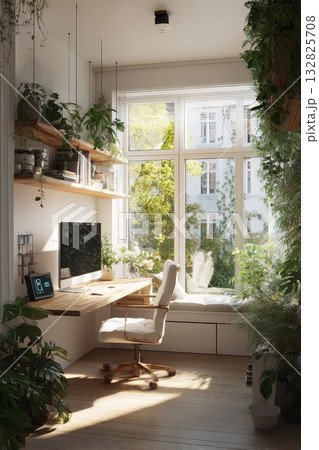 Modern smart home blending indoor plants, eco-friendly materials, and energy-efficient technology seamlessly 132825708