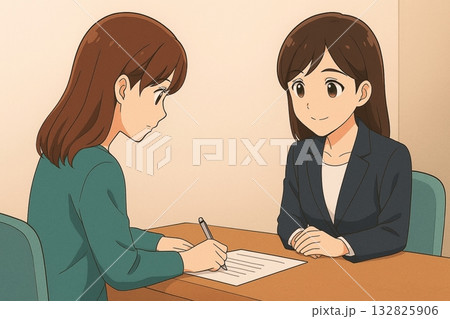 書類を前に相談する女性 132825906