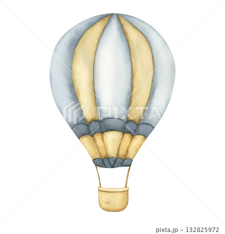 Hot air Balloon. Watercolor hand drawn illustration of a hot air Balloon in blue and beige colors. Drawing airship in vintage style. Hot air Balloon for kids goods, baby shower and children's room 132825972