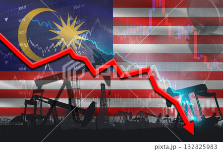 Crude crisis with Malaysian flag on financial graph. Fall oil price with flag of Malaysia on economic chart 132825983