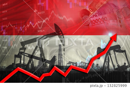 Oil production with Indonesia flag, petrol industry. Oil pumps with Indonesian flag Oil production with Indonesia flag, petrol industry. Oil pumps with Indonesian flag 132825999