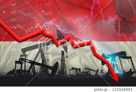 Crude crisis with Indonesian flag on financial graph. Fall oil price with flag of Indonesia on economic chart Crude crisis with Indonesian flag on financial graph. Fall oil price with flag of Indonesia on economic chart 132826001