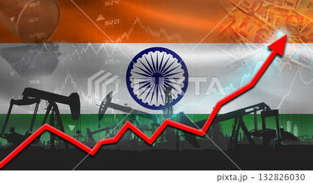 Growth of oil industry with Indian flag. Oil pumps with Indian flag. Oil production with India flag 132826030