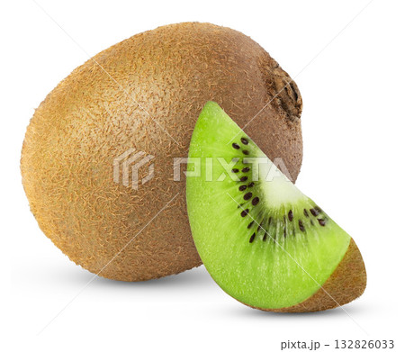 Kiwi fruit and a slice isolated on white background. Kiwis fruits with clipping path. Kiwi fruit and a slice isolated on white background. Kiwis fruits with clipping path. 132826033