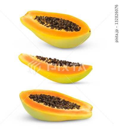 Slices of ripe papaya fruits isolated. Halves of papayas set. Slices of ripe papaya fruits isolated. Halves of papayas set. 132826076