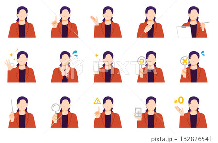顧客対応するビジネスウーマンの様々なポーズのイラストセット。フラットデザイン。 顧客対応するビジネスウーマンの様々なポーズのイラストセット。フラットデザイン。 132826541