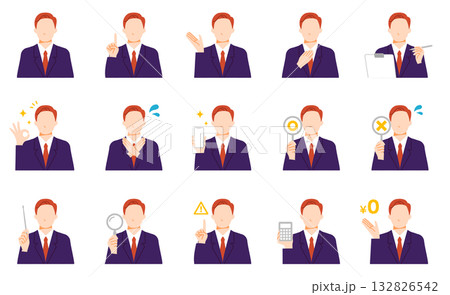 顧客対応するビジネスシーンで使えるスーツを着たビジネスマンのイラスト集。フラットデザイン。 132826542