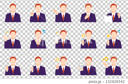 顧客対応するビジネスシーンで使えるスーツを着たビジネスマンのイラスト集。フラットデザイン。 132826542