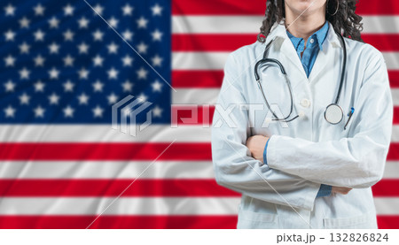 Medical professional on USA flag. Healthcare and wellness in United States, Concept Medical professional on USA flag. Healthcare and wellness in United States, Concept 132826824