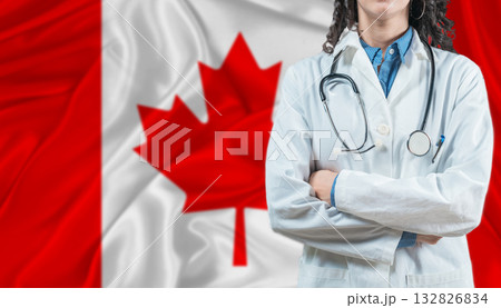 Medical professional on Canada flag. Healthcare and wellness in Canada, Concept 132826834