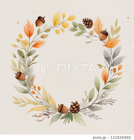 北欧風の水彩で描かれた秋のリースフレームと木の実 132826988