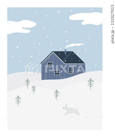 Minimalist Nordic Winter Landscape. Serene Scandinavian Scene with Slate Blue House and Rabbit. Elegant Holiday Illustration Minimalist Nordic Winter Landscape. Serene Scandinavian Scene with Slate Blue House and Rabbit. Elegant Holiday Illustration 132827013