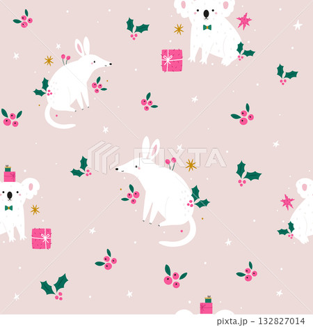 Seamless Christmas Pattern with Cute Pink Australian Animals. Festive Koala and Bilby with Holly, Gifts, and Snowflakes. 132827014