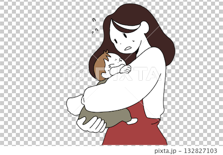 泣く赤ちゃんを抱いて困っている母親のイラスト 132827103