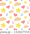 A pattern with bottles, hearts, clouds, and stars. A cute baby pattern, clip art on a white background for baby products, packaging, printed materials, textiles, books, diapers, templates, clothing 132827559