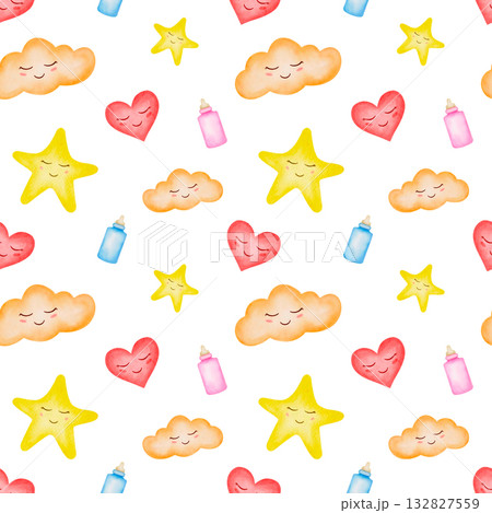 A pattern with bottles, hearts, clouds, and stars. A cute baby pattern, clip art on a white background for baby products, packaging, printed materials, textiles, books, diapers, templates, clothing 132827559