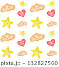 A pattern with hearts, clouds, and stars. A cute children's pattern, clip art on a white background for baby products, packaging, printed materials, textiles, books, diapers, templates, and clothing 132827560