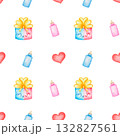 A pattern with a cake, bottles, and hearts. A cute children's pattern, clip art on a white background, suitable for baby products, packaging, printed materials, textiles, books, diapers, templates 132827561