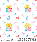 A pattern with a cake, bottles, hearts, and bows. A cute children's pattern, clip art on a white background for baby products, packaging, printed materials, textiles, books, diapers, templates 132827562