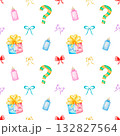 A pattern with a cake, bows, bottles, and a question mark indicating whether it's a boy or a girl. A cute children's pattern, clip art on a white background, suitable for baby products, packaging 132827564