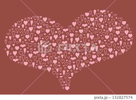 たくさんの小さな手描きのハートで作る大きなハート型のイラスト(ピンク・ブラウン) 132827574