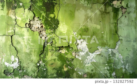 《AI画像》風化して崩れ始めた緑色の壁 132827592