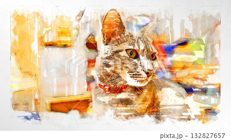 スケッチ風 猫 ネコ ねこ キジトラ グレー 雌 メス 雌ねこ 雌ネコ 元気 かわいい 癒し 132827657
