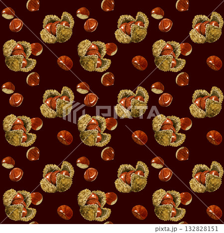 栗(いがぐり)のシームレスパターン 秋の味覚の手描き水彩イラスト背景素材 栗(いがぐり)のシームレスパターン 秋の味覚の手描き水彩イラスト背景素材 132828151