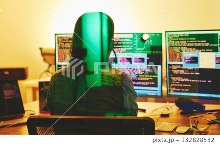 Developer headset, computer screen or neon coding on cybersecurity ransomware, night phishing or code programming. Programmer, hacker or woman on technology for dark software, iot gdpr or safety scam Developer headset, computer screen or neon coding on cybersecurity ransomware, night phishing or code programming. Programmer, hacker or woman on technology for dark software, iot gdpr or safety scam 132828532