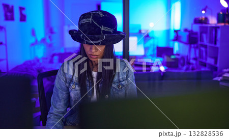 Hacker, cybersecurity and programming with woman in home for ransomware, database or it at night. Neon, coding and technology with girl programmer and computer for phishing, network or software crime Hacker, cybersecurity and programming with woman in home for ransomware, database or it at night. Neon, coding and technology with girl programmer and computer for phishing, network or software crime 132828536