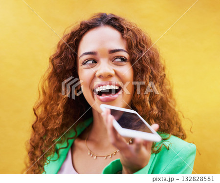 Phone, loudspeaker and woman talking on yellow background, color wall and backdrop. Trendy female, mobile voice recording and communication on smartphone, audio chat and happy speech on cellphone mic Phone, loudspeaker and woman talking on yellow background, color wall and backdrop. Trendy female, mobile voice recording and communication on smartphone, audio chat and happy speech on cellphone mic 132828581