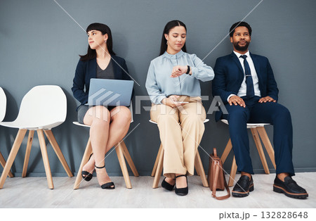 Recruitment, job interview and time with business people in waiting room for schedule, hr or consulting. Hiring, networking and clock with employee for search, countdown or watch with wall background Recruitment, job interview and time with business people in waiting room for schedule, hr or consulting. Hiring, networking and clock with employee for search, countdown or watch with wall background 132828648