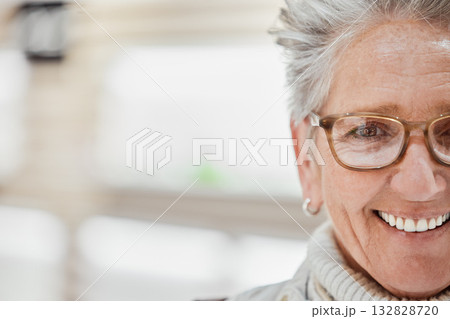 Senior woman, glasses and portrait with mockup space for eye care with vision lens or frame in optics shop. Happy customer or patient person advertising optometry product choice for eyes and wellness Senior woman, glasses and portrait with mockup space for eye care with vision lens or frame in optics shop. Happy customer or patient person advertising optometry product choice for eyes and wellness 132828720