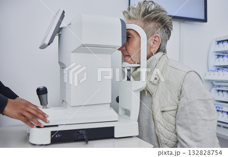 Eye exam, optometry and senior woman with test for medical, healthcare and vision wellness. Eyes consultation of elderly person with professional optometrist machine or technology for lens services 132828754