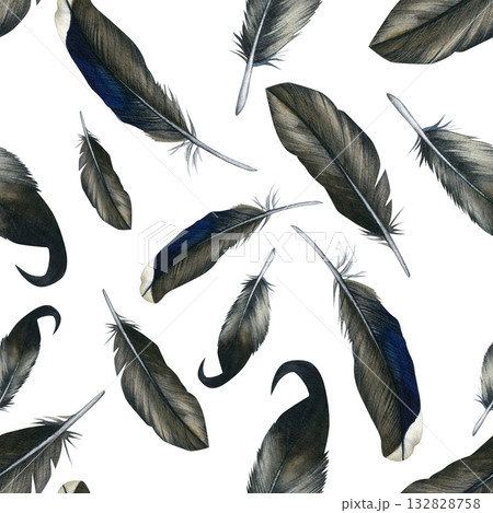 Seamless pattern watercolor illustrations of drake feathers. Isolated on a white background, hand-drawn. For cards, scrapbooking, wallpaper and textiles Seamless pattern watercolor illustrations of drake feathers. Isolated on a white background, hand-drawn. For cards, scrapbooking, wallpaper and textiles 132828758