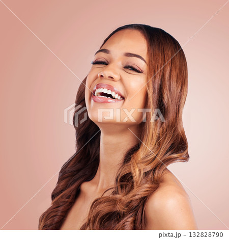 Portrait, face and hair with a model black woman in studio on a pink background for natural haircare. Beauty, skincare and keratin with an attractive young female feeling proud of her hairstyle Portrait, face and hair with a model black woman in studio on a pink background for natural haircare. Beauty, skincare and keratin with an attractive young female feeling proud of her hairstyle 132828790