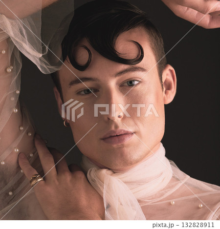 Portrait, non binary fashion and vintage aesthetic with designer clothing and beauty in studio. Isolated, black background and lgbtq or gay model with contemporary creativity and gender neutral art 132828911