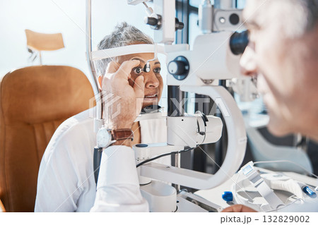 Senior eye exam, glaucoma check and medical eyes test of elderly woman at doctor consultation. Vision, healthcare focus and old female patient with consulting wellness expert for lens and glasses Senior eye exam, glaucoma check and medical eyes test of elderly woman at doctor consultation. Vision, healthcare focus and old female patient with consulting wellness expert for lens and glasses 132829002