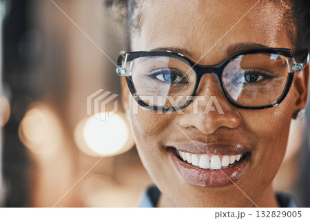 Vision, mockup and portrait of black woman with glasses for eyesight on blurred background with bokeh. Prescription eyewear, smile and eyes, happy african model for eye care and cool spectacle frame. 132829005