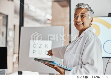 Healthcare, optometrist and woman with tablet, workshop and discussion for research, vision and smile. Medical professional, female presenter and lady with device, innovation for eyecare and wellness Healthcare, optometrist and woman with tablet, workshop and discussion for research, vision and smile. Medical professional, female presenter and lady with device, innovation for eyecare and wellness 132829009