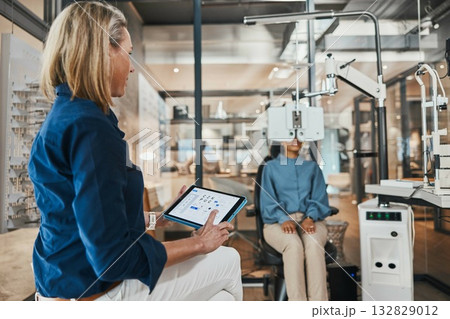 Eye exam, medical doctor tablet and consulting optometrist with woman patient at clinic. Eyes wellness, healthcare and vision exam with tech and digital results from glaucoma consultation machine 132829012