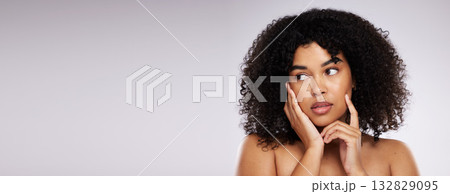 Mockup, skincare and black woman thinking, cosmetics and dermatology against grey studio background. African American female, lady and makeup for salon luxury treatment, organic facial and beauty Mockup, skincare and black woman thinking, cosmetics and dermatology against grey studio background. African American female, lady and makeup for salon luxury treatment, organic facial and beauty 132829095
