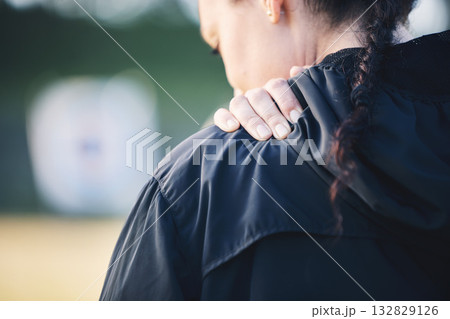 Back, fitness and woman with shoulder pain, tired and burnout after training, workout and exercise. Female, athlete or lady with injury, muscle tension or strain with inflammation or physical therapy Back, fitness and woman with shoulder pain, tired and burnout after training, workout and exercise. Female, athlete or lady with injury, muscle tension or strain with inflammation or physical therapy 132829126