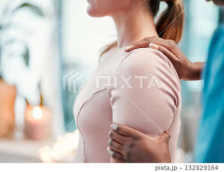 Closeup, arm and chiropractor with woman for physiotherapy, injury and alignment in consultation room. Physiotherapist, hands and injured girl consulting professional for joint, problem and issue Closeup, arm and chiropractor with woman for physiotherapy, injury and alignment in consultation room. Physiotherapist, hands and injured girl consulting professional for joint, problem and issue 132829164