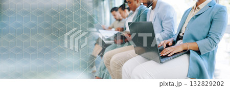 Recruitment, office row and business person with laptop for hiring, job interview or work mockup. Overlay, space and corporate meeting with employees, worker typing on computer for research seminar 132829202