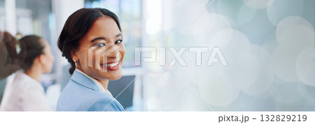 Portrait of happy woman in office, banner and mockup at proposal presentation in office with overlay. Info space, team and girl with smile at pitch in conference room at planning workshop in business 132829219