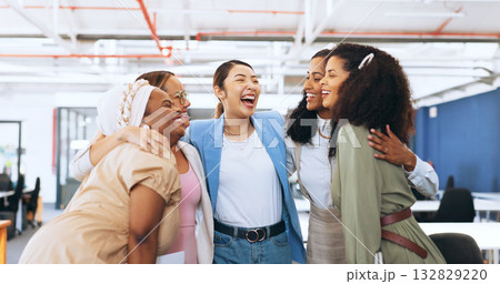 Hug, team building or happy business people in celebration of goals, group success or funding for startup. Partnership, smile or excited women in huddle for winning, motivation or solidarity together 132829220